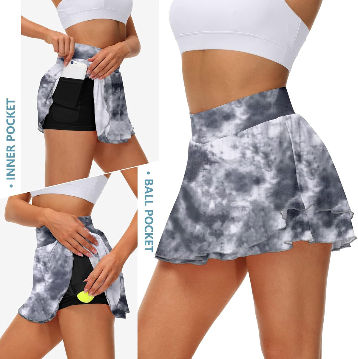 Women'S Athletic Tennis Skirts with Pockets 13In Ruffle Golf Running Workout Ice Silk Flowy Skorts with Sports Shorts